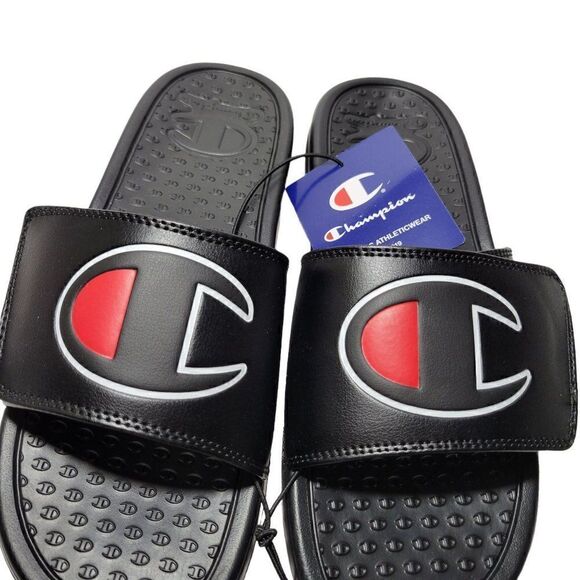 Champion Unisex Slide Sandals Men Size 7 Women Size 9 Black Hook & Loop Closure - Picture 4 of 12